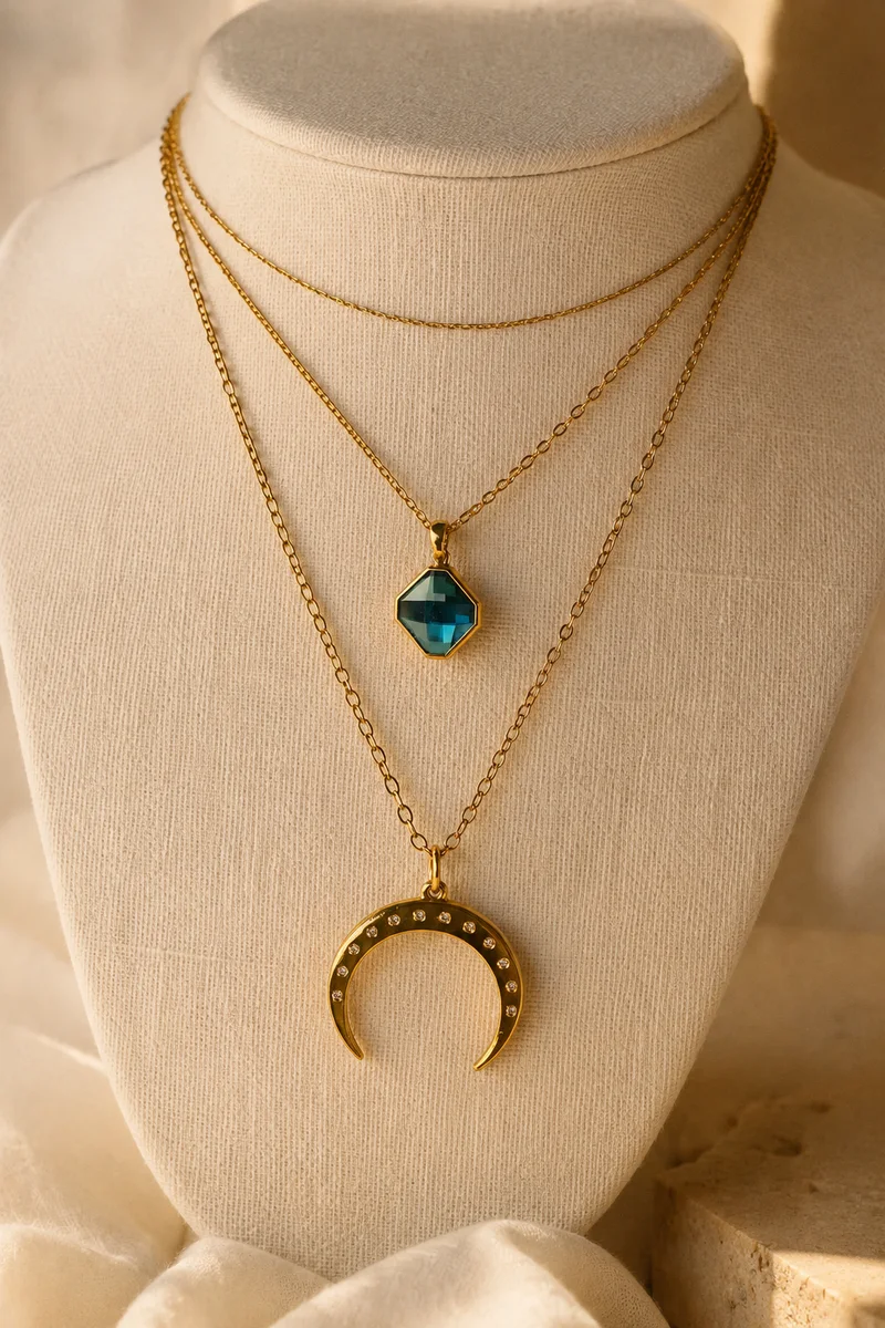 Gold pendant shown in a layered styling